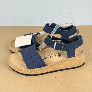 Papillio Birkenstock Glenda Platform Sandals Womens 7 Blue Tan Ankle Strap